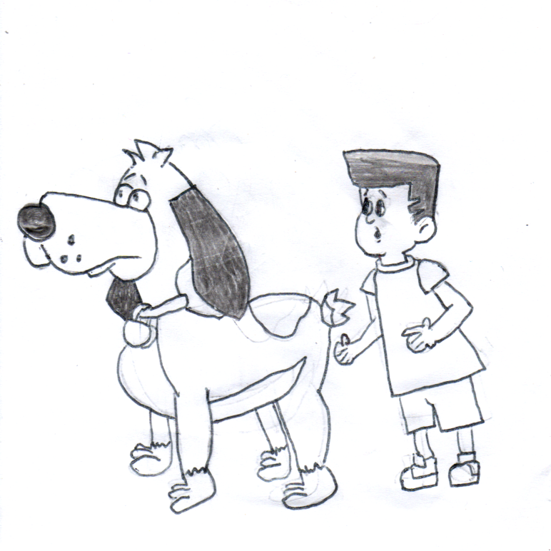 A drawing of Potsworth and Carter, a dog and a human boy respectively, looking shocked at something off-screen