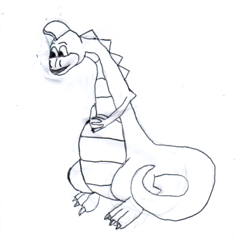 A drawing of Denver, a tall dinosaur looking downwards with an innocent expression