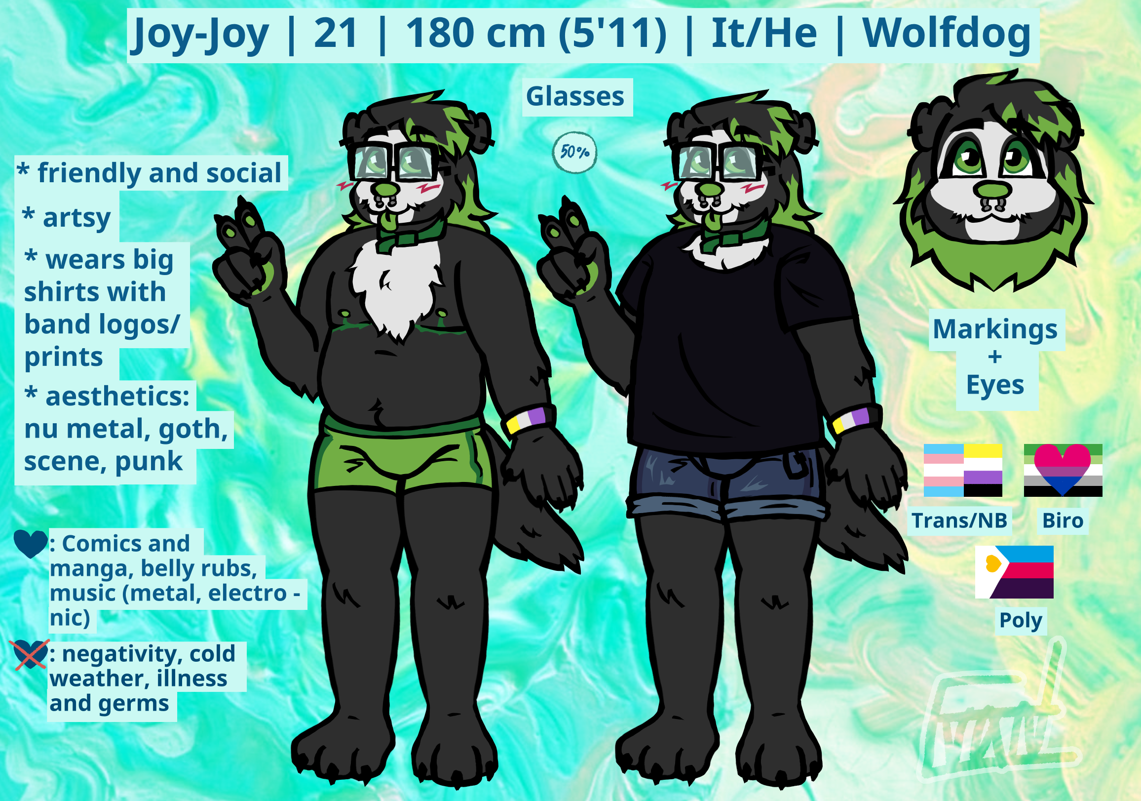 Digital drawing of Joy-Joy. It's an anthro wolfdog with skull-like markings on its face and dark grey fur. Its hair is dyed lime green and it wears glasses. On the left is shirtless Joy-Joy to show its white chest tuft and green top surgery scars. ON the right Joy-Joy is wearing a black t-shirt and jeans shorts