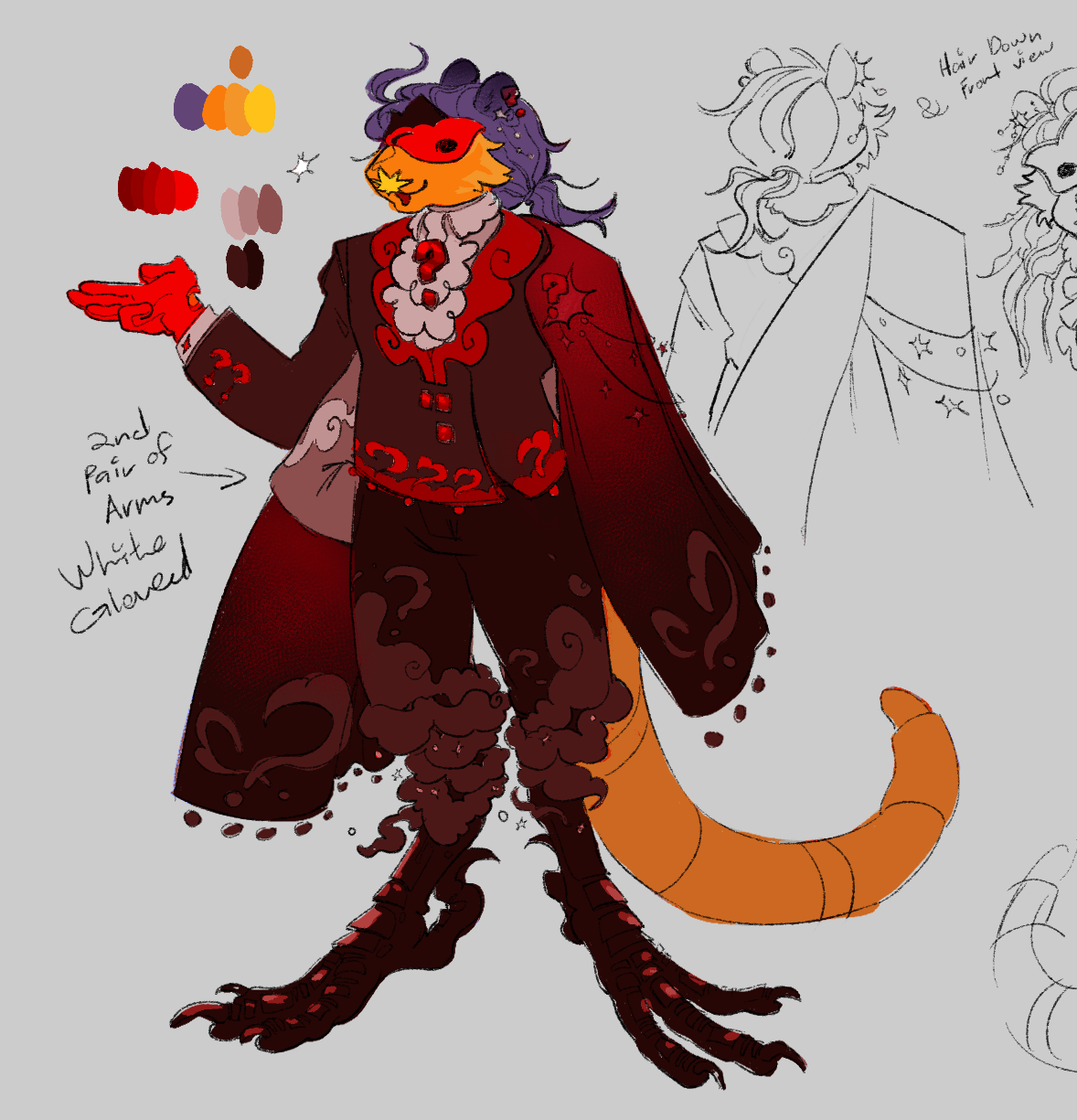 a star-nosed rodent based arthro, with a worm tail and crow's feet(literal), dressed up in a crimson masculine masquerade outfit.