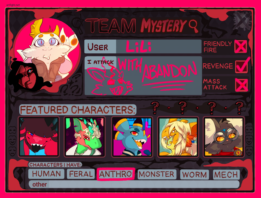 A profile information card with several elements regarding the website event 'Artfight' Several pitures are of original furry characters. The main and important information is that the user's name is Lili, They 'Attack' "With Abandon". They do not do friendly fire. They do revenge attacks, and they do not do mass attacks. Their main character type owned is Anthro.