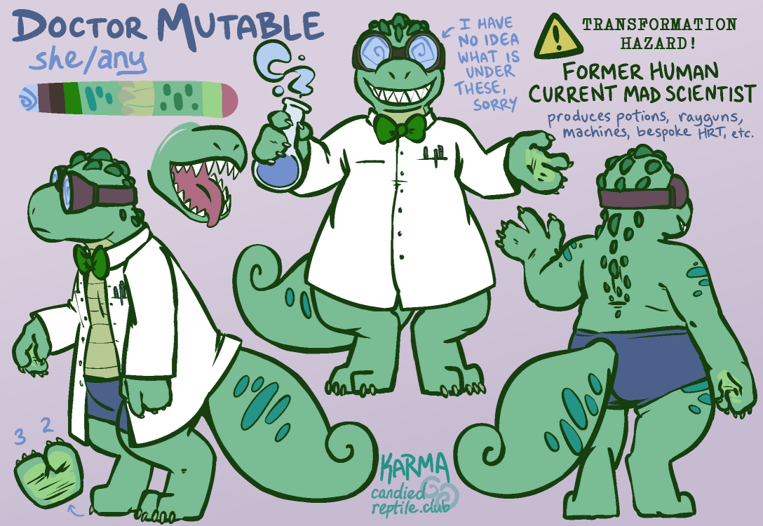 refsheet for doctor mutable (she/any) a reptillian humanoid in a labcoat and bowtie. she has crocodile-like ridges along her head, neck, and back, a gecko-like tail that curls at the end, and chameleon-like hands. text: "i have no idea what is under [the goggles], sorry"; "Transformation hazard! Former human / current mad scientist. Produces potions, rayguns, machines, bespoke HRT, etc."