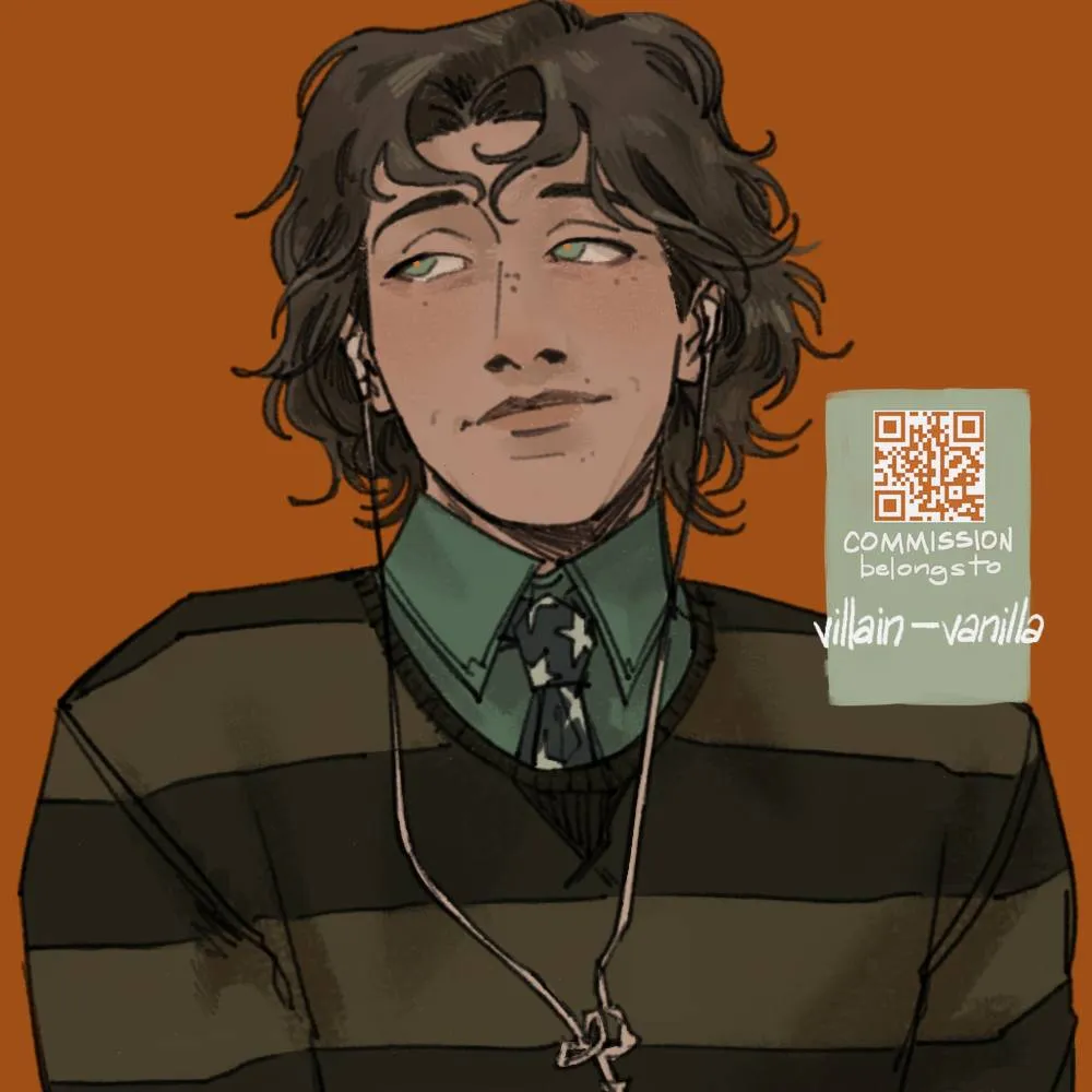 A sketch of an OC (Amor), in a dull green shirt and starry tie under a striped sweater, with a gentle smile, tussled waves, and tangled earphones.