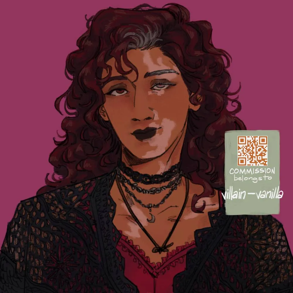 A sketch of an OC (Psyche), in a ruffled sweetheart top under a crocheted cardigan with voluminous curls, dark makeup, and layered necklaces.
