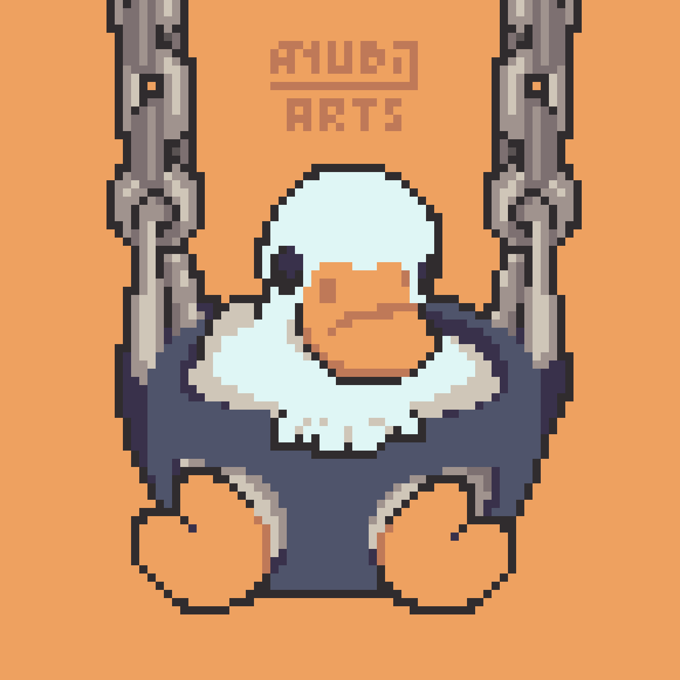 A Pixel Art Redraw, featuring a Duck sitting in a swing for babies. They're staring forward while their lil feets are extended where the leg holes of the swing are in.