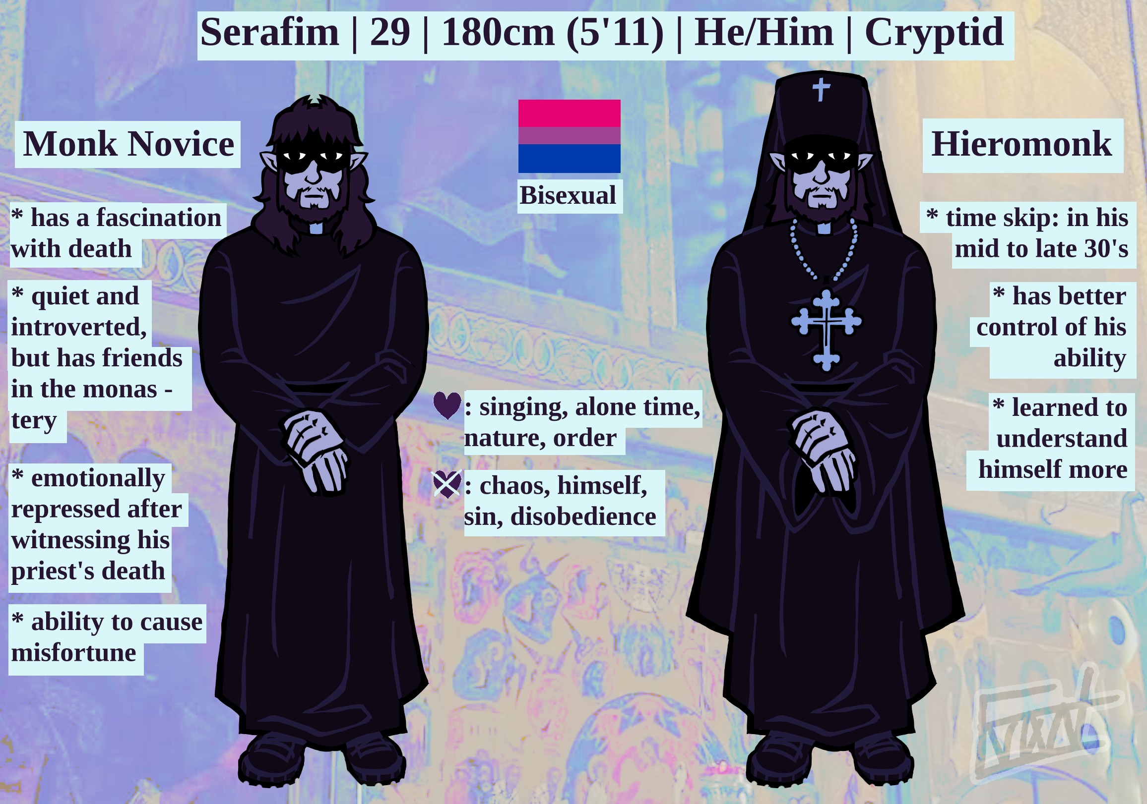 Reference sheet for Serafim, a humanoid orthodox monks with blue skin, pointy ears, darks hair and a beard. The drawing displays him as a novice and as a priest-monk