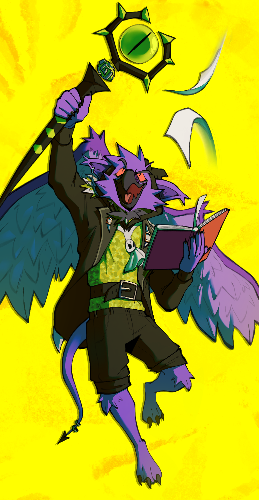 Digital Art of a Darigan Eyrie Neopet in a wizard outfit, they are flying and lifting their right arm while holding a staff, and holding a spellbook in their left hand

(Art by Mocheccino)