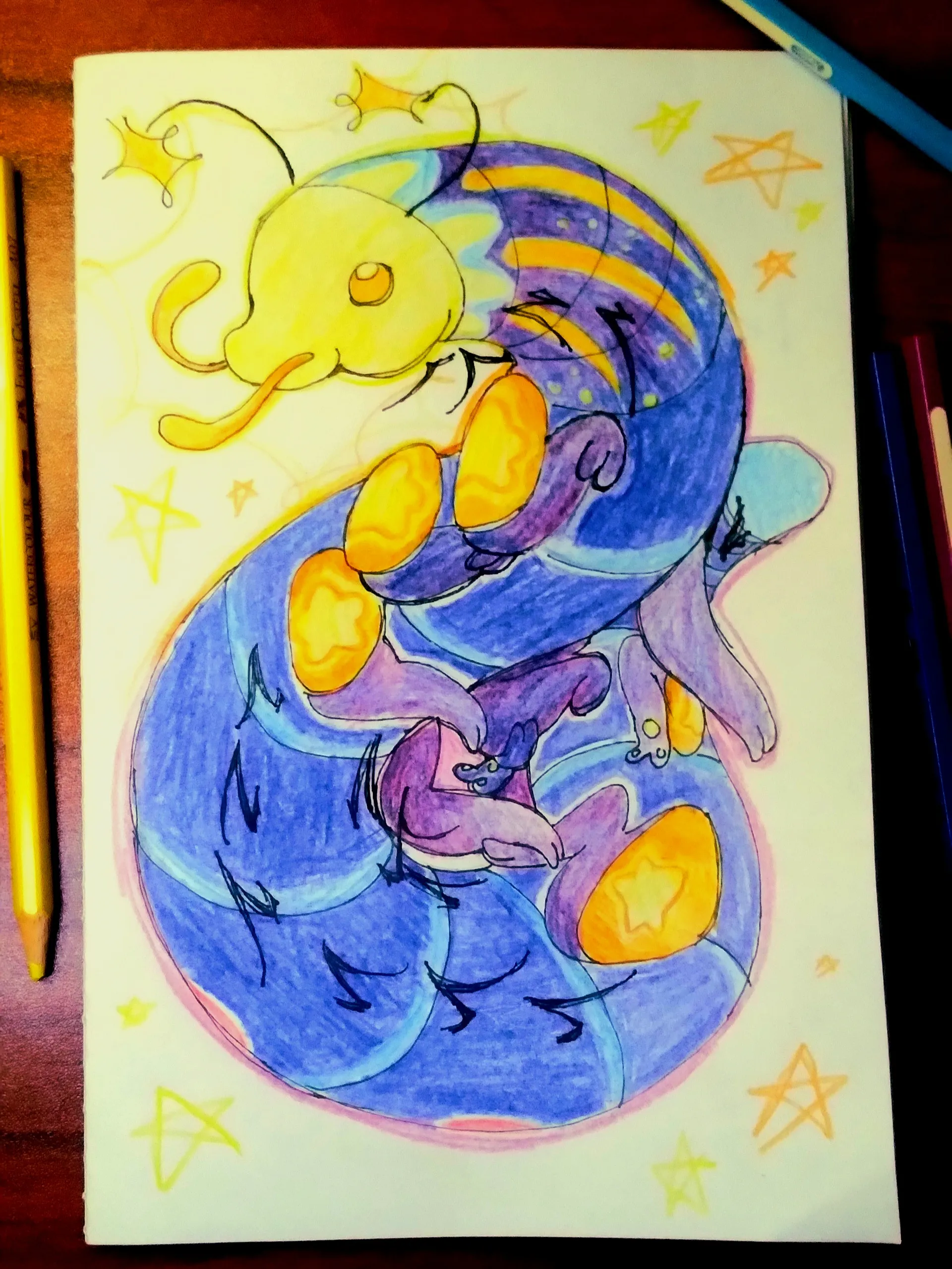 A space themed millipede curled up on xe's self