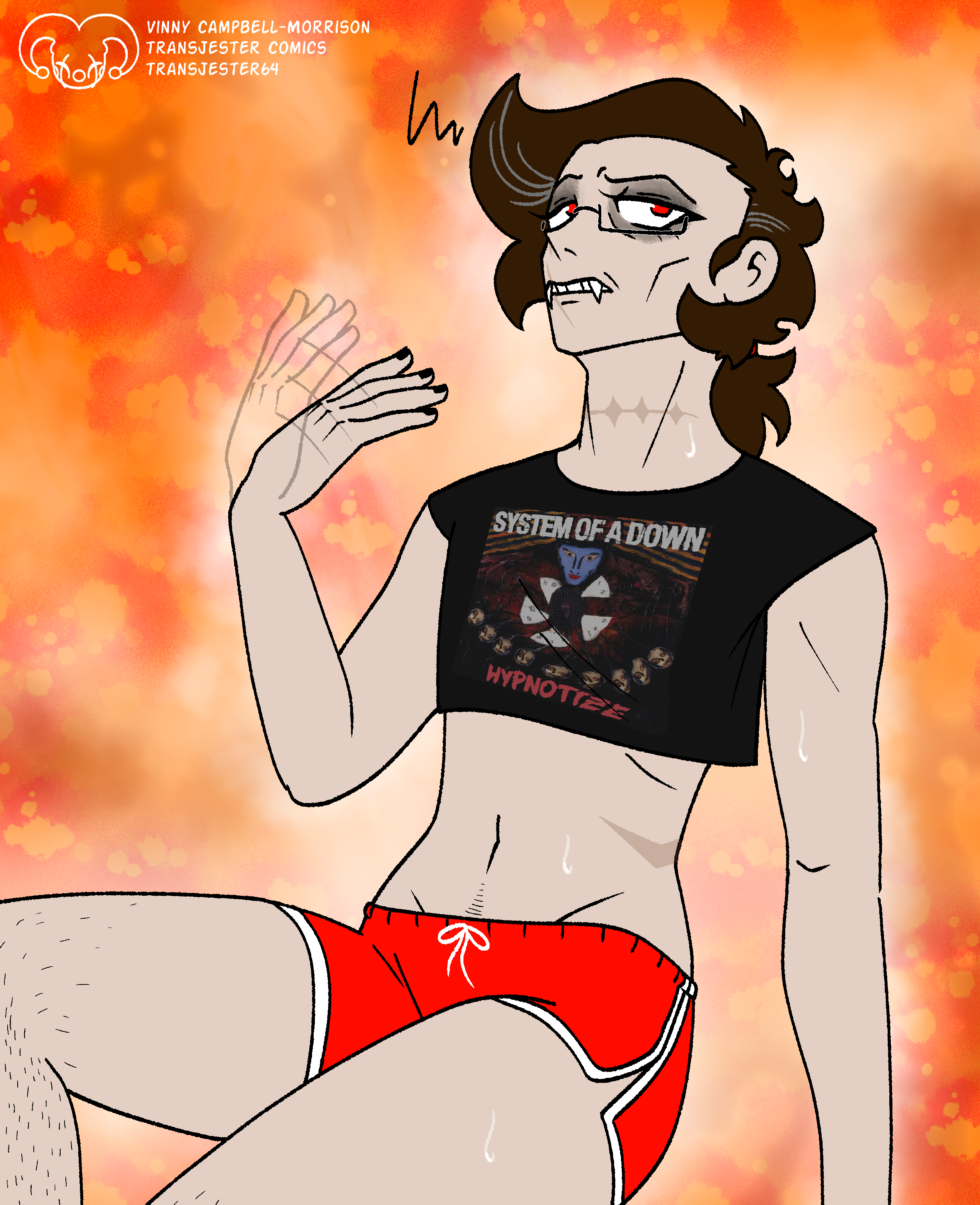Winslow hot and annoyed. He is wearing red short shorts and a System of a Down crop top.