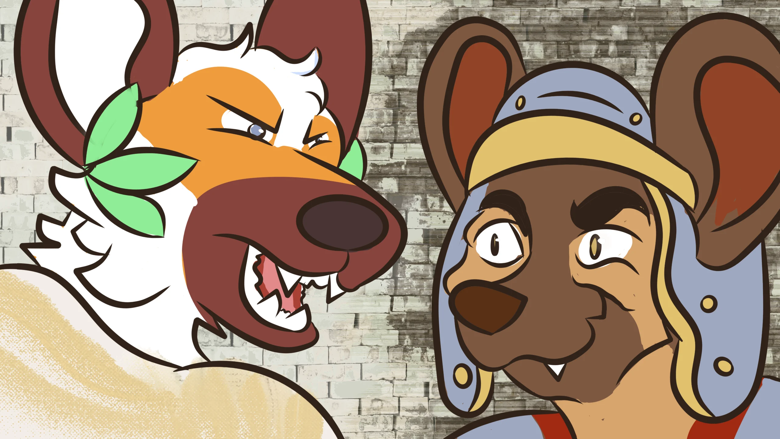 a digital cartoon sketch of two furries re-enacting a monty python's life of brian scene