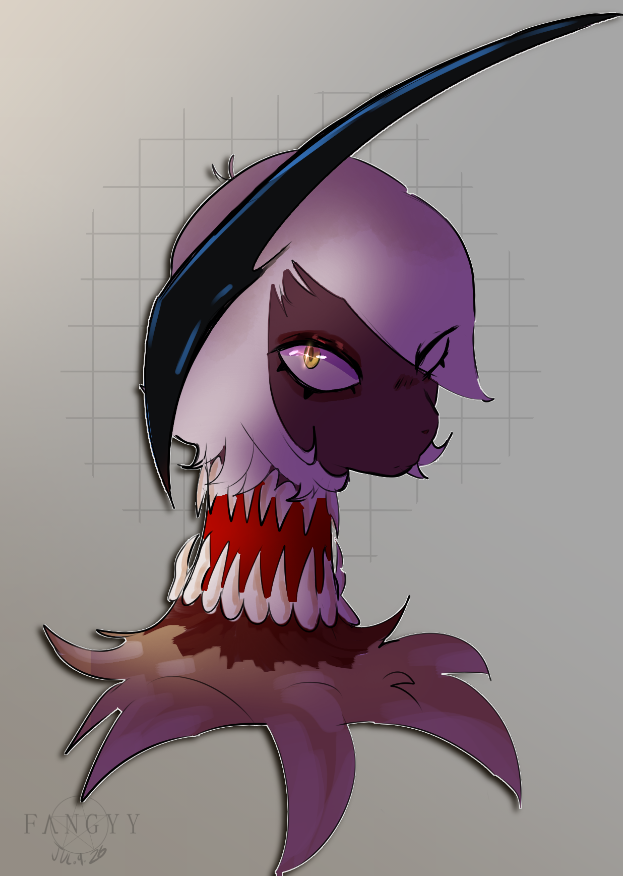 A digital drawing of an absol from the neck up. It has strange teeth on its neck.