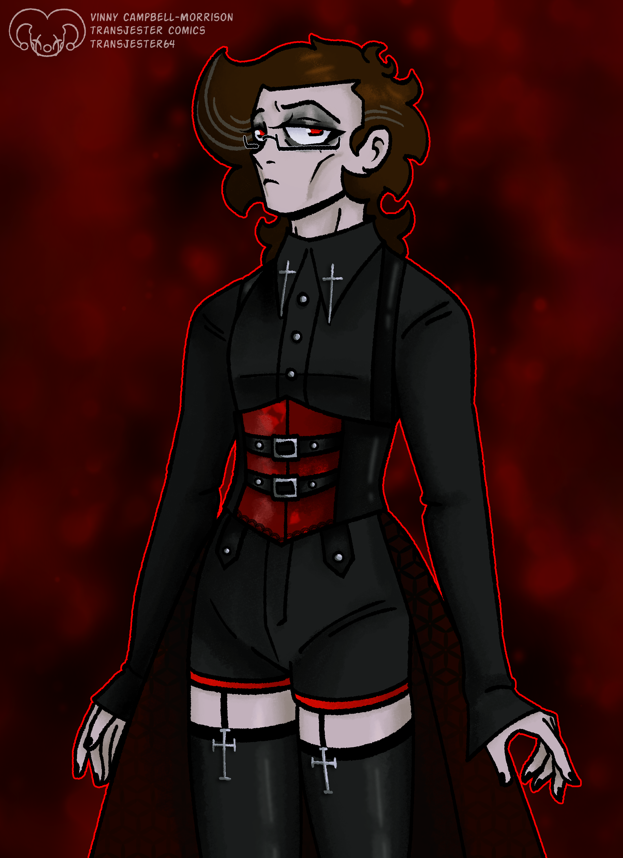Winslow in cute goth outfit. It has a corset, short shorts, and thigh highs.
