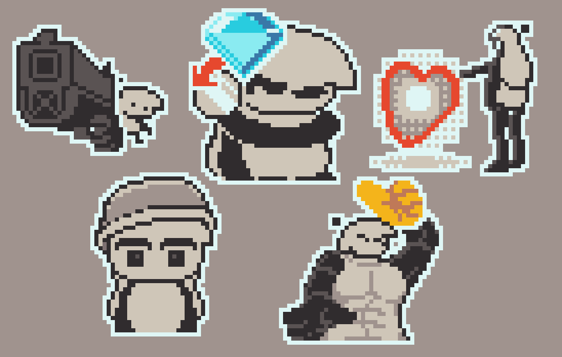 A Bunch of Anubi as she was depicted through these last few months, but turned into stickers/emojis

Top: There's a tiny Anubi holding a big gun, An Anubi at her side peeking with a magnifying glass, with a diamond pointing at what she's looking at (showing that what this Anubi is looking at is something amazing), and an Anubi with realistic proportions blowing up a heart, whose outline can be seen.

Bottom: There's an Anubi looking directly at the viewer while wearing a helmet, having a deadpan expression, and a buff Anubi who was definitely not gonna punch the viewer and whose hand wasn't edited from a punch to a thumbs up... Nope, not at all.