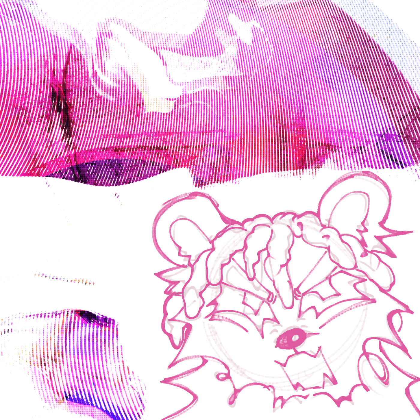 the track art for dj diphthong - mockbuster. it is purple and white abstract art with a sketch drawing of dj diphthong, an anthro marten in the lower right corner. he is yelling with an angry expression on his face.