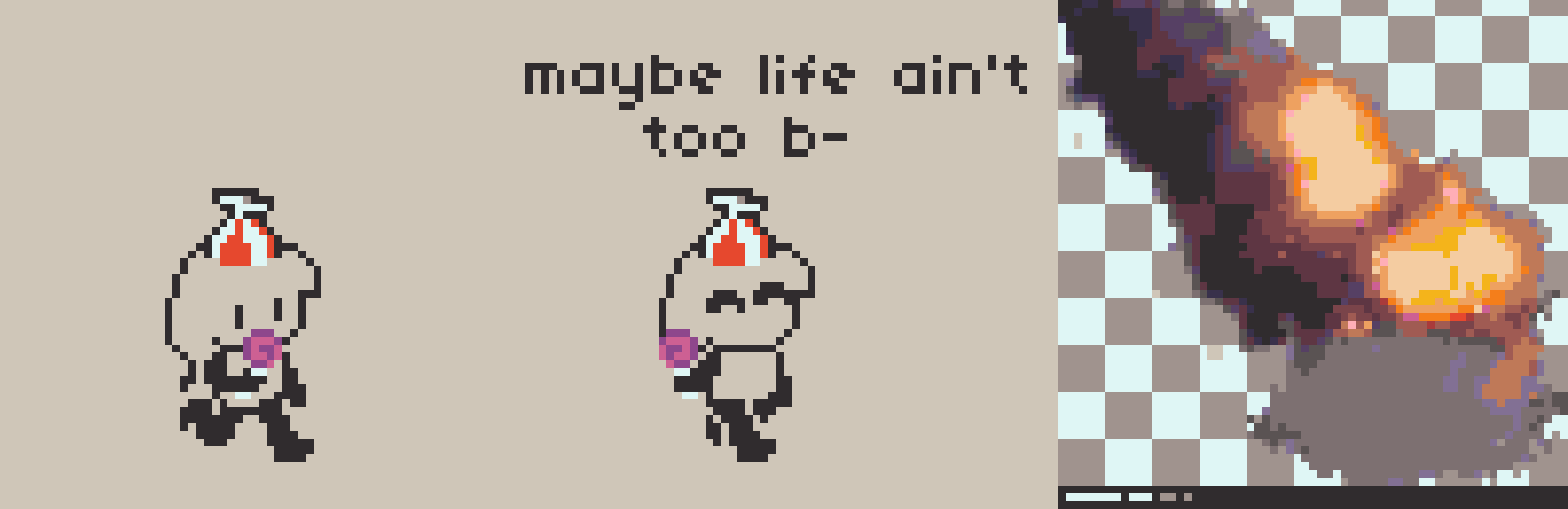 A 3 panel comic about life

Panel 1: Anubi is walking through while licking a lollipop and wearing a spinny hat, something that barely happens on her life

Panel 2: Anubi is happy with this, saying "Maybe life ain't too b-"

Panel 3: Where Anubi was has been overridden by a meteor crash stock image, which has fake background, watermark and everything. Things got so bad that we can't even afford to pay for the .png, my god