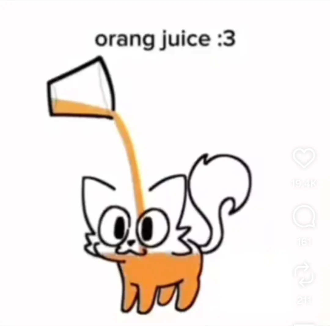 an image of a cartoon cat being filled with orange juice from a cup as if they were a cup