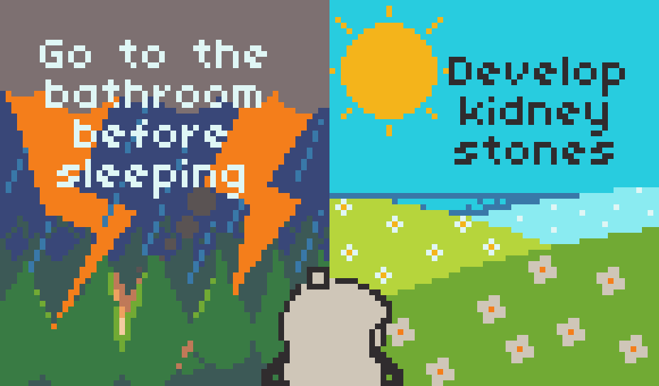 A Pixel Art featuring Anubi, stuck between 2 choices life has given her. 

The left side says "Go to the bathroom before sleeping", represented by a dark forest in the dark, where it's currently raining very harshly with some thunder hitting it, where a fire can be seen in the middle of it.

The right side says "Develop kidney stones", and it's represented by fields full of flowers with a big, shiny sun and no clouds in sight. Anubi is looking towards this side.