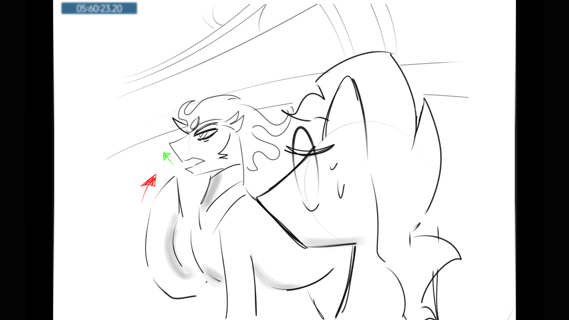 A digital sketch of King Sombra and Sunburst. Sunburst looks nervously at King Sombra.