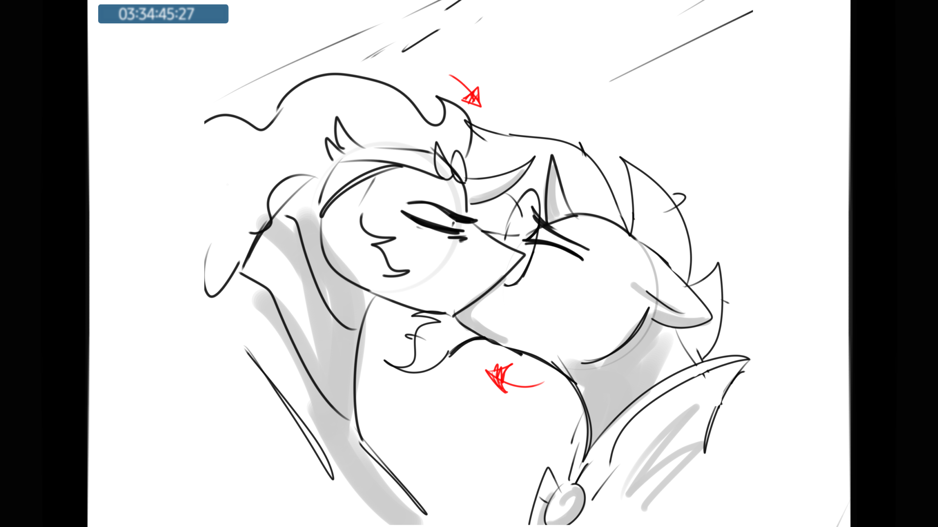 A sketch of King Sombra and Sunburst kissing.