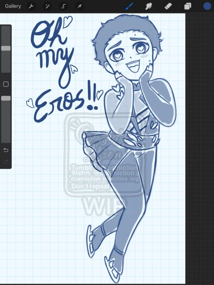 Screenshot of the drawing app Procreate, showing a sketch in blue tones of Yuuri Katsuki from Yuri!!! On Ice, drawn chibi style. He is wearing his Eros costume. He is jumping in the air, putting his hands to his face and smiling with hearts in his eyes. There is some text in cursive font that says "Oh my Eros!!" with tiny doodles of hearts. The background is a very light blue with a grid pattern.