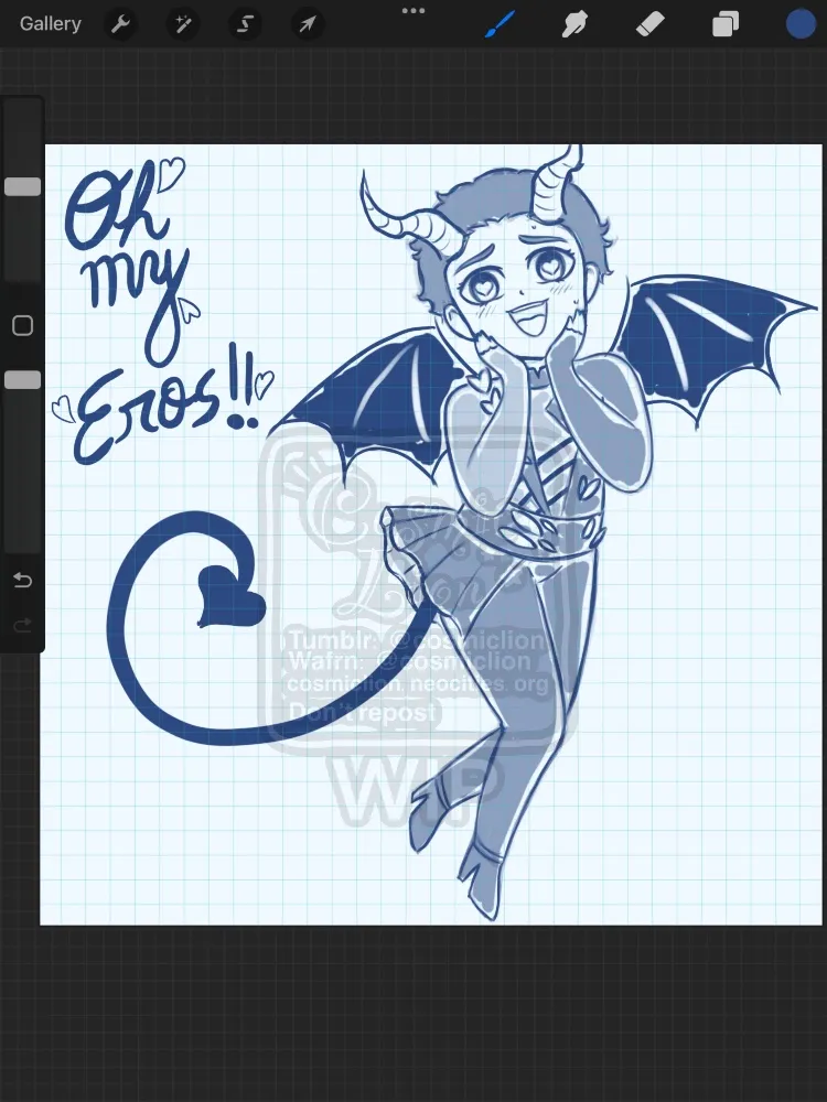 Screenshot of the drawing app Procreate, showing an almost identical sketch to the first one, but here Yuuri is wearing high heeled shoes instead of skates and has bat-like wings, curved horns that point upwards and a long tail with the tip shaped like a heart.