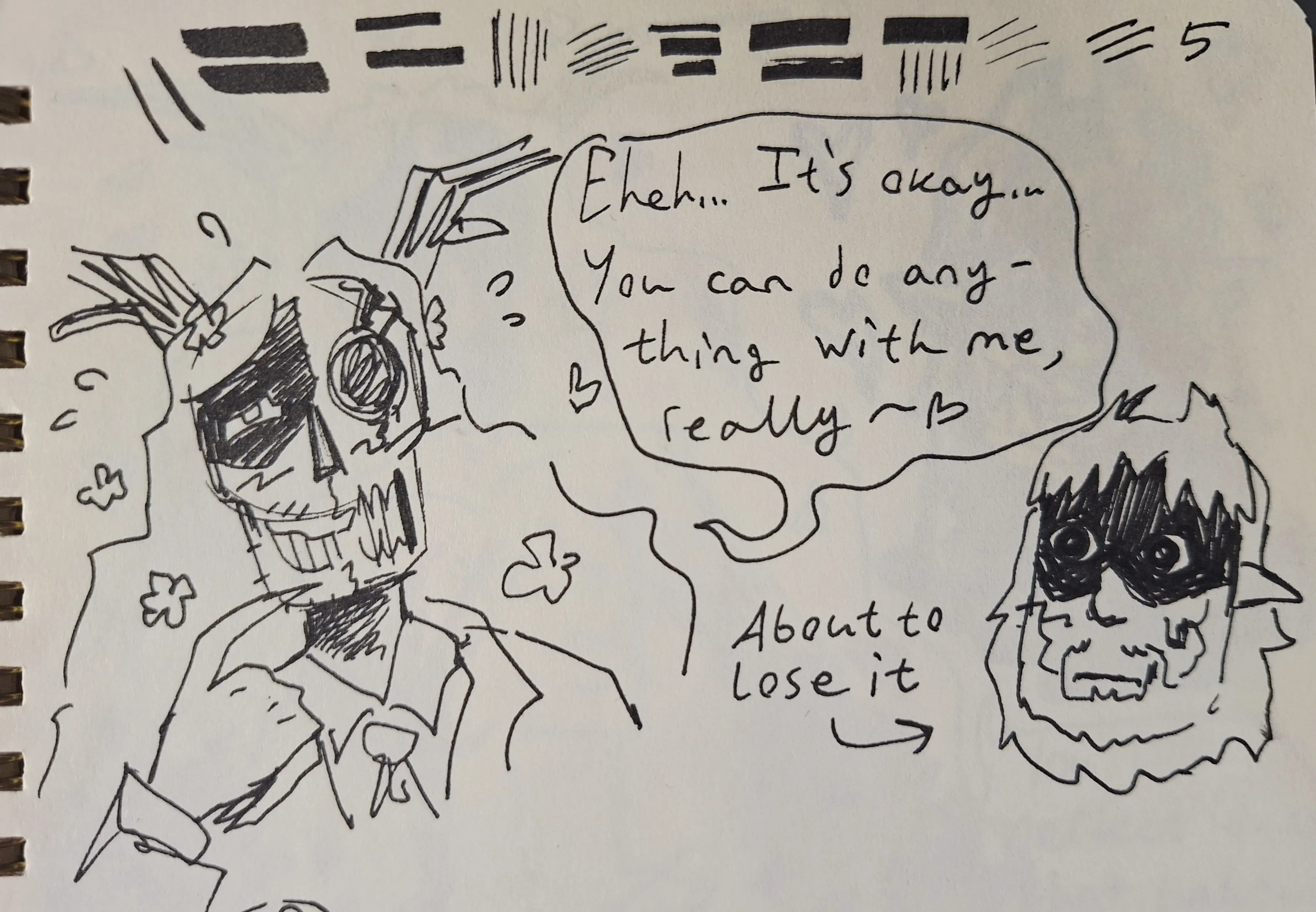 Fineliner sketch of Leshy (humanoid with antlers, exposed skull, leaves for hair and a business suit) blushing in anticipation and smiling. Flowers are blooming in its "hair", which happens when it gets flustered/excited. Near it is a speech bubble directed at Serafim. It reads: "Eheh... It's okay... You can do anything with me, really ~ <3"
On the right is a headshot of Serafim (humanoid with pointy ears, shadow hiding half of his face, a beard and hair shaped like devil horns). His facial expression is a mix of terror and arousal. He's blushing and sweating a little. An arrow is pointing towards him with the text: "About to lose it"
