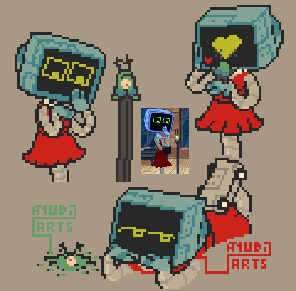 A Pixel Fanart of Karen and Plankton from Spongebob Squarepants, based on the design featured in one of the modern episodes (where they're dressed formally and trying to learn Tango).

Left: A redraw of a screencap of the show, with Karen and Plankton looking down embarassed. Plankton is just looking down while having very long legs, meanwhile Karen has one of her hands resting on her screen face while looking down with very big eyes.

Right: There's Karen and Plankton hugging each other, with Karen having her hand raised up with Plankton on it so he could hug her. There's some hearts both in the screen and besides Plankton.

Bottom: Plankton and Karen are lying face down on the floor, with Karen looking with a serious look to the side while having her tripod raised up and her hands very close to her head, basically posing for the camera. Plankton is splatted on the ground.