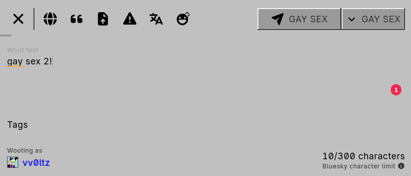 Wafrn post composer has "gay sex" written on both "send a post" button and "expand post options" button