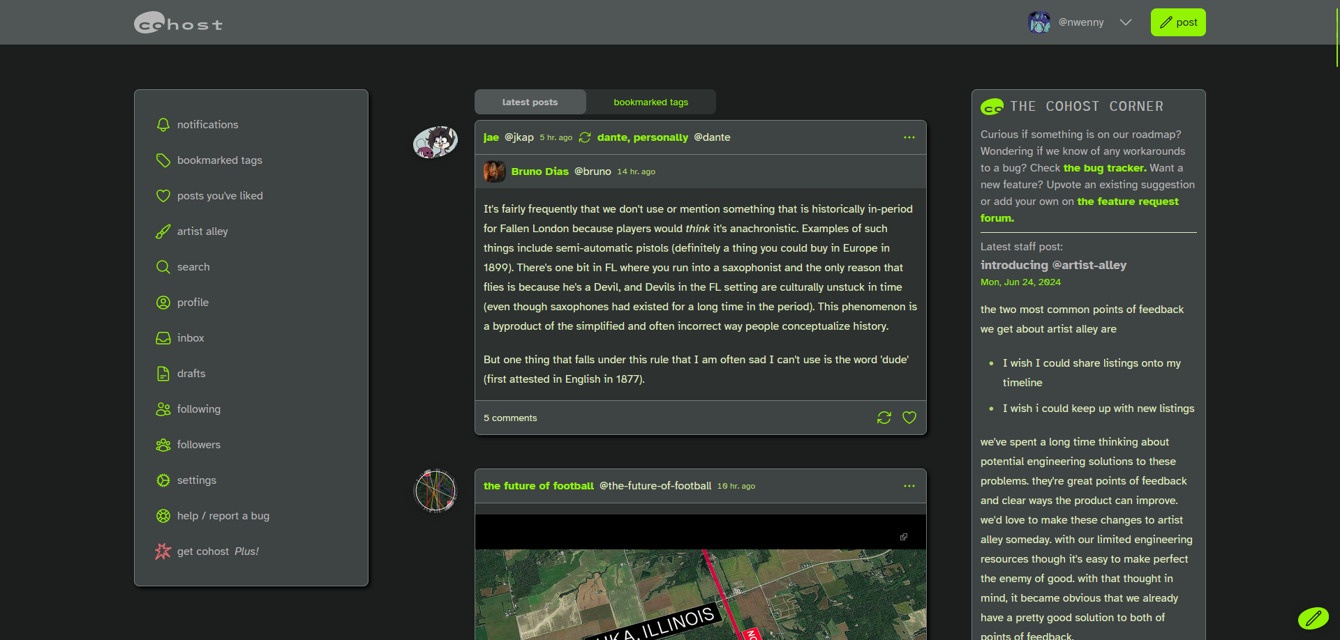 a screenshot of cohost showing off the site's layout.