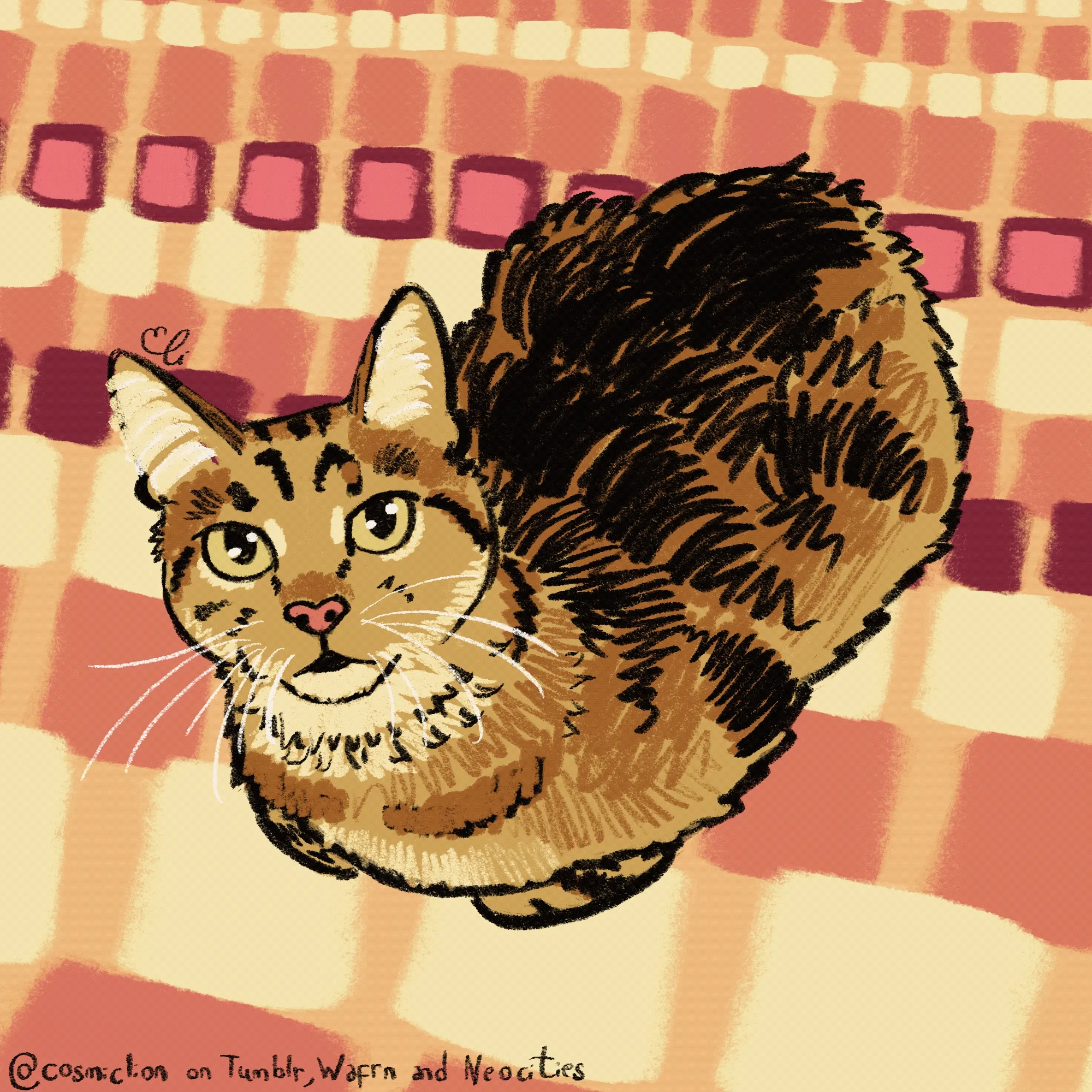 Animated gif made with a flat color illustration of Mini, an adult tabby cat, drawn in a realistic style. She is chubby. She is lying in loaf position on a bed with an orange cover with a square pattern in yellow, darker orange, pink and dark pink tones, looking up at the viewer. The lines and coloring of Mini and the squares on the bed wiggle.