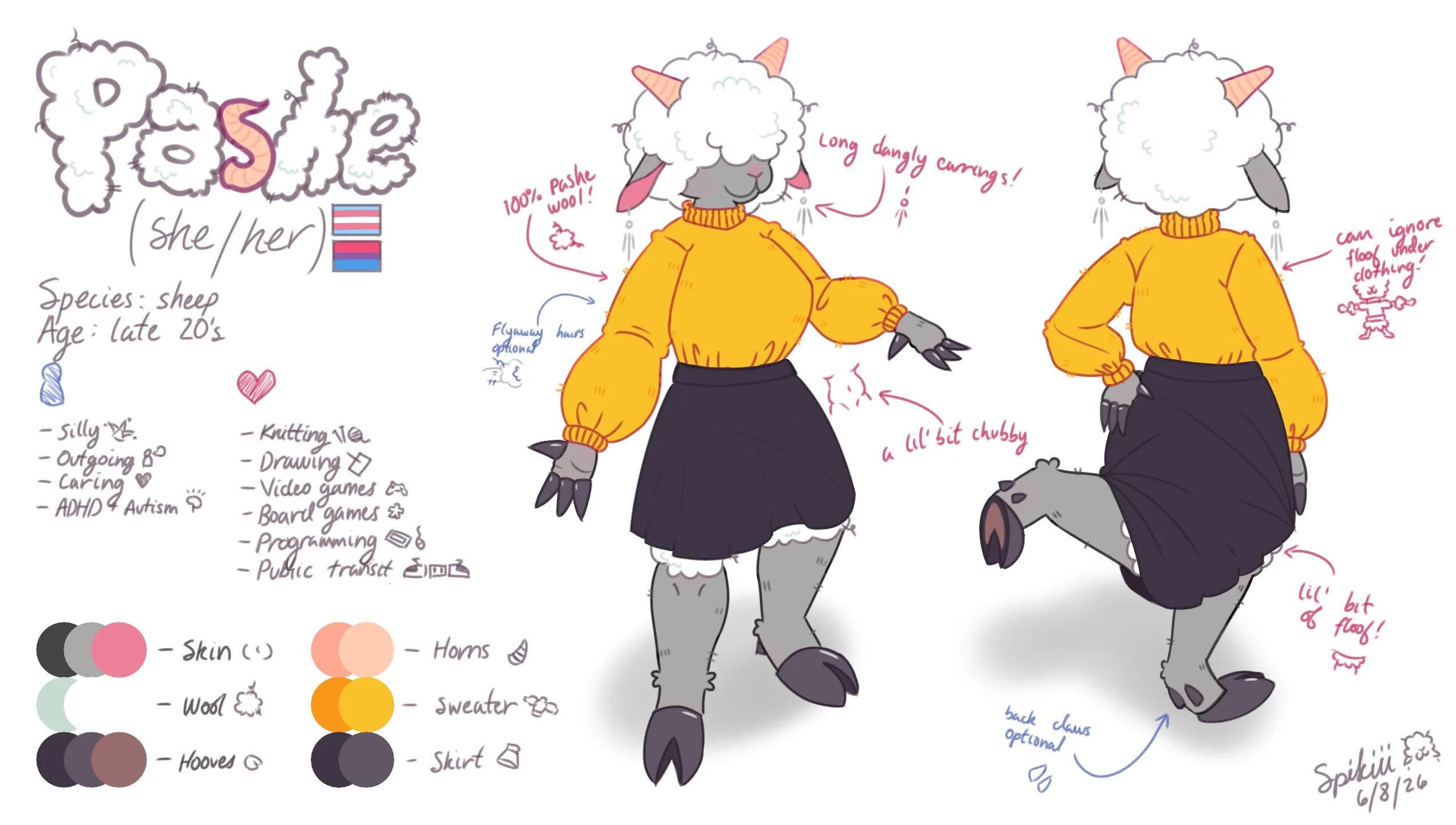 Ref sheet for Pashe (a very fluffy sheep woman; my fursona). The sheet is divided into 3 columns: (1) Her name, pronouns (she/her), age (late 20's), and a whole bunch of other information on her including a color palette. (2) A front-view drawing of her. Her hair is a giant ball of white floof that covers her eyes, but still letting her big floppy sheep ears and little pointy horns poke through. She's wearing a orange poofy wool sweater and a black midi skirt. (3) A back-view drawing of her with one leg kicked up so you can see the bottom of her hooves