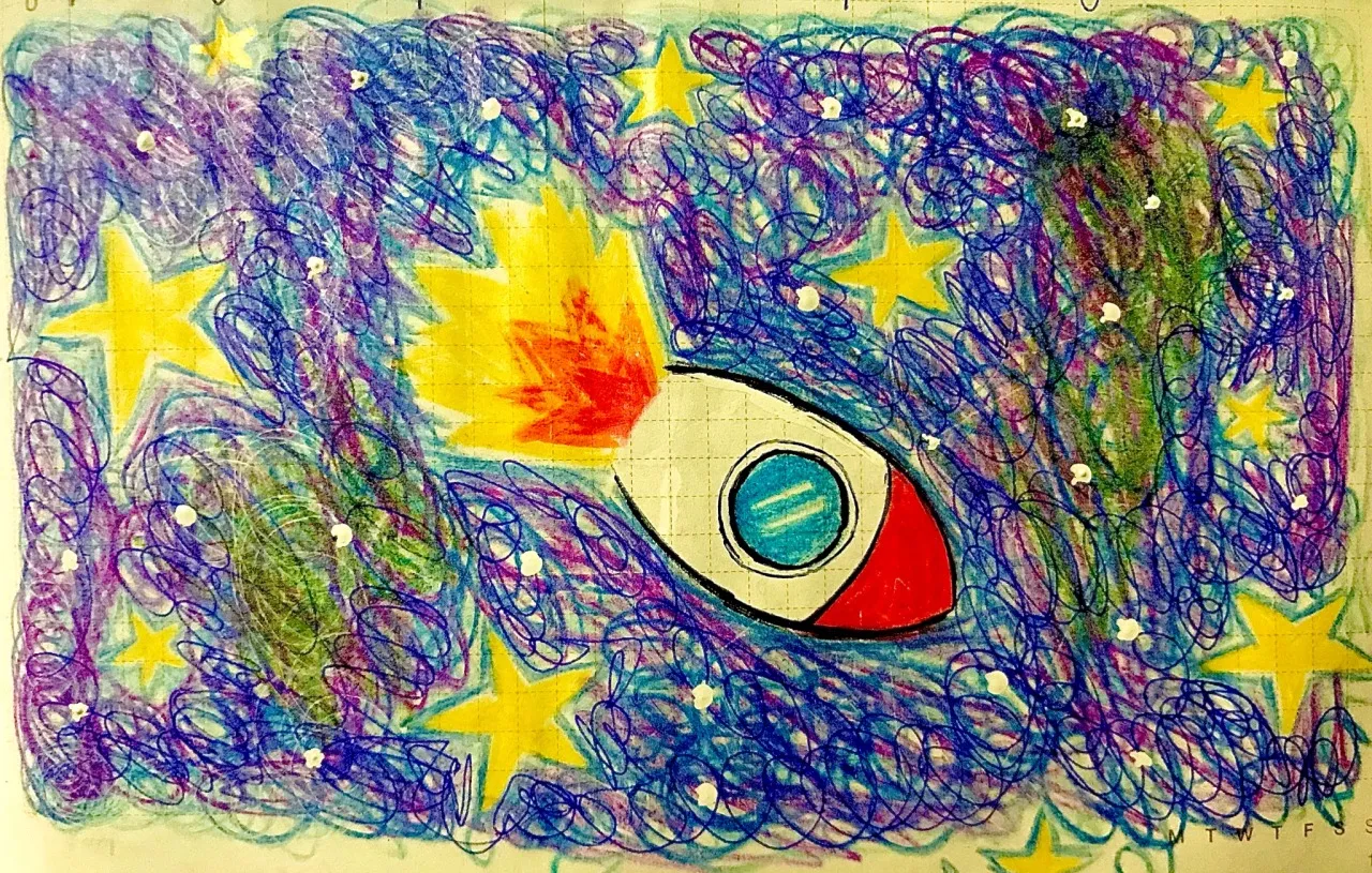 Traditional illumination, made with black and blue ballpoint pen and yellow, orange, red, blue, purple and green color pencils on grid paper, of a white and red rocket in space, in the style of a children's book illustration. There are five pointed yellow stars all around it.
