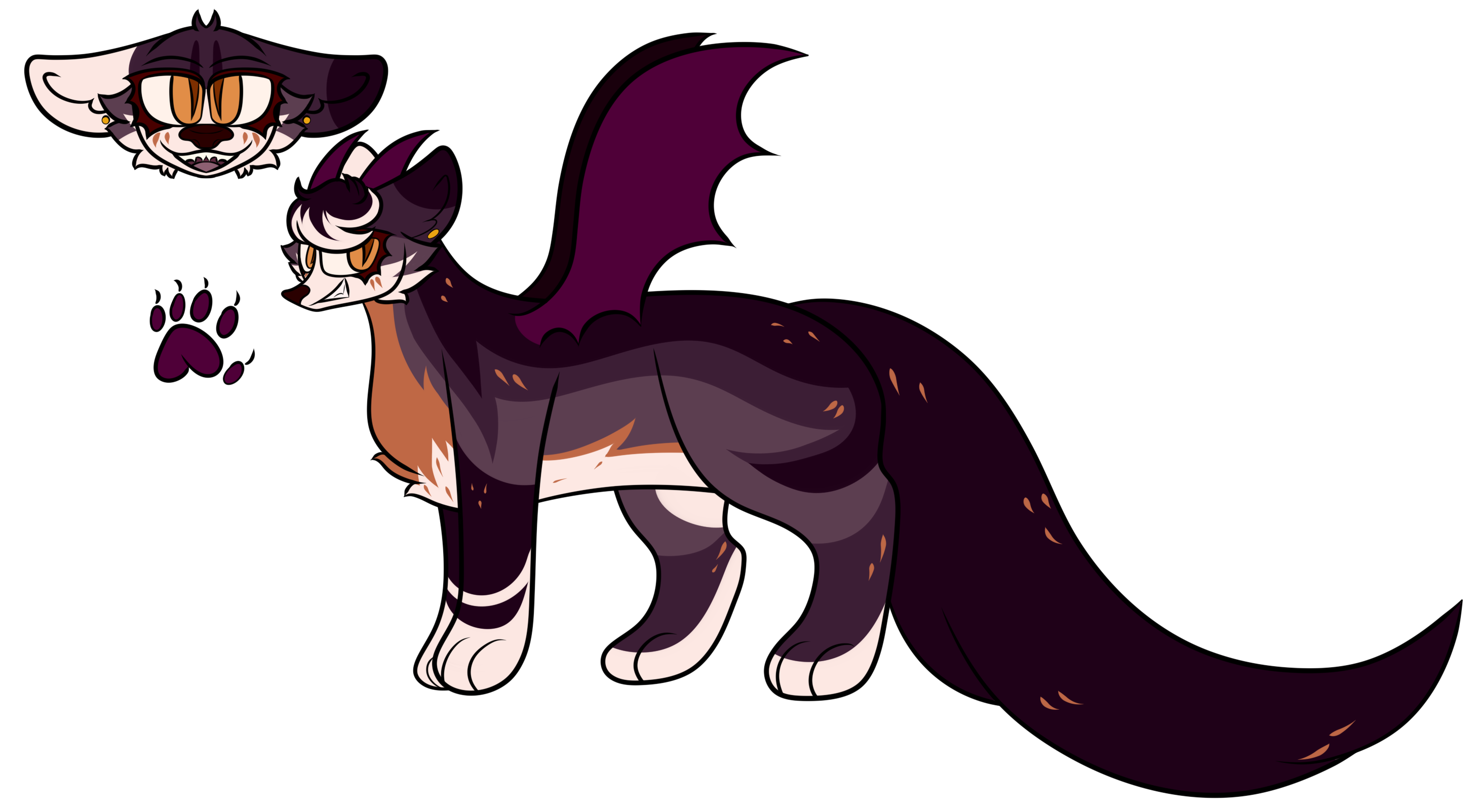 A feral sable/marten, purple pelt with cream and orange accent. She has bat wings on her back and sharp horns. This is her reference sheet