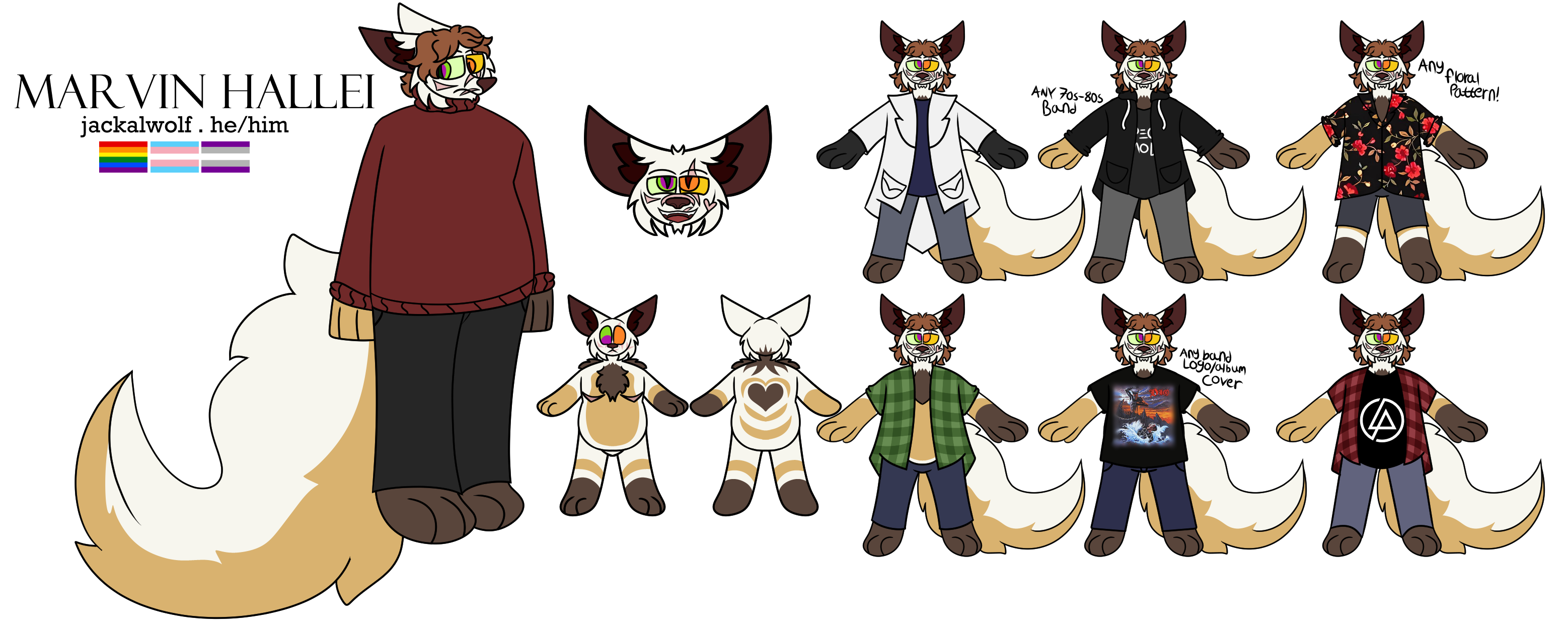 Reference sheet of a white anthro canine with a huge fluffy tail, he has golden and brown markings. Has brown hair. Wearing a variety of casual masc clothing.