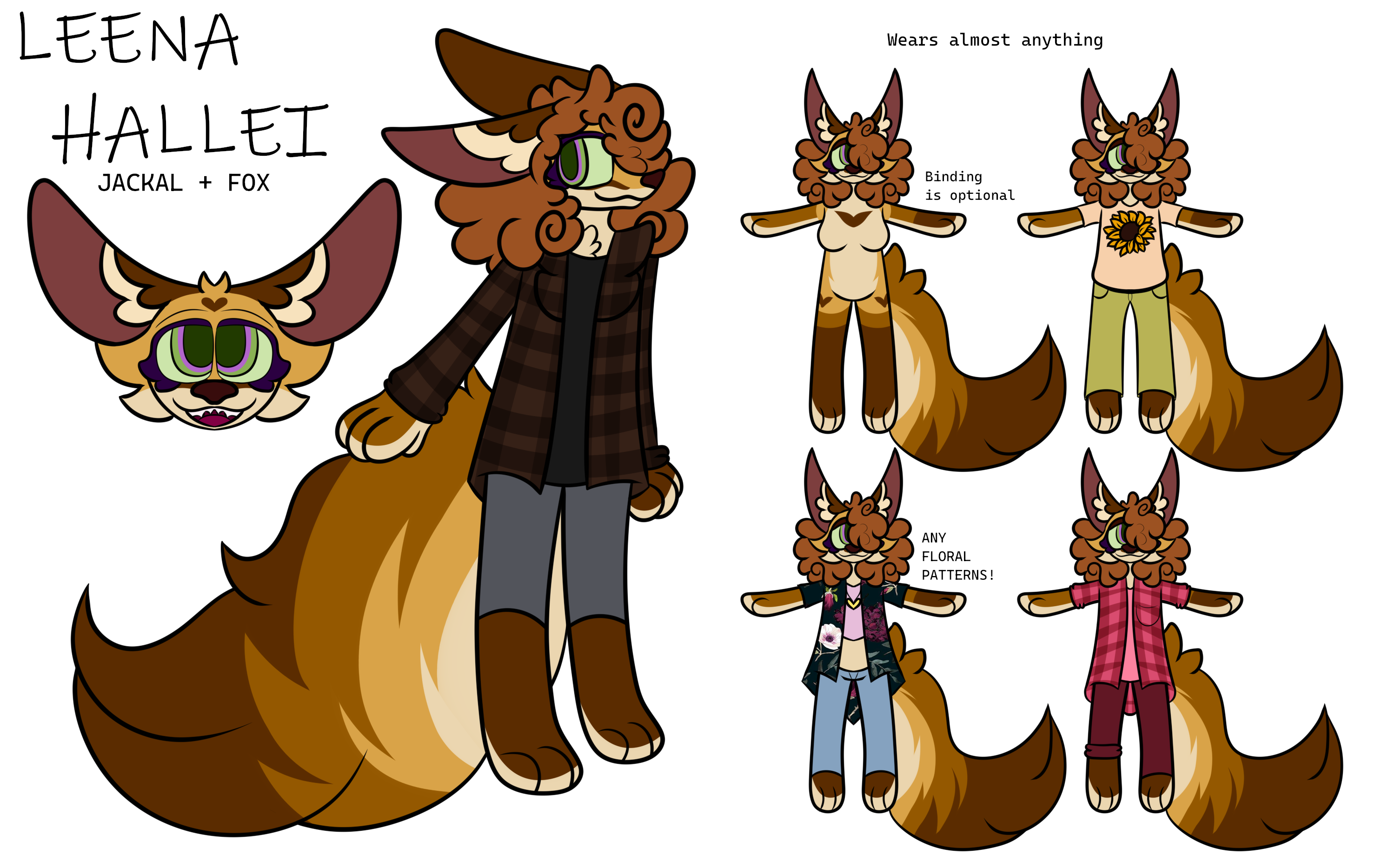 Anthro jackal-fox with brownish golden fur, curly brown hair, very fluffy tail. Various amount of outfits, flannels and jackets especially.