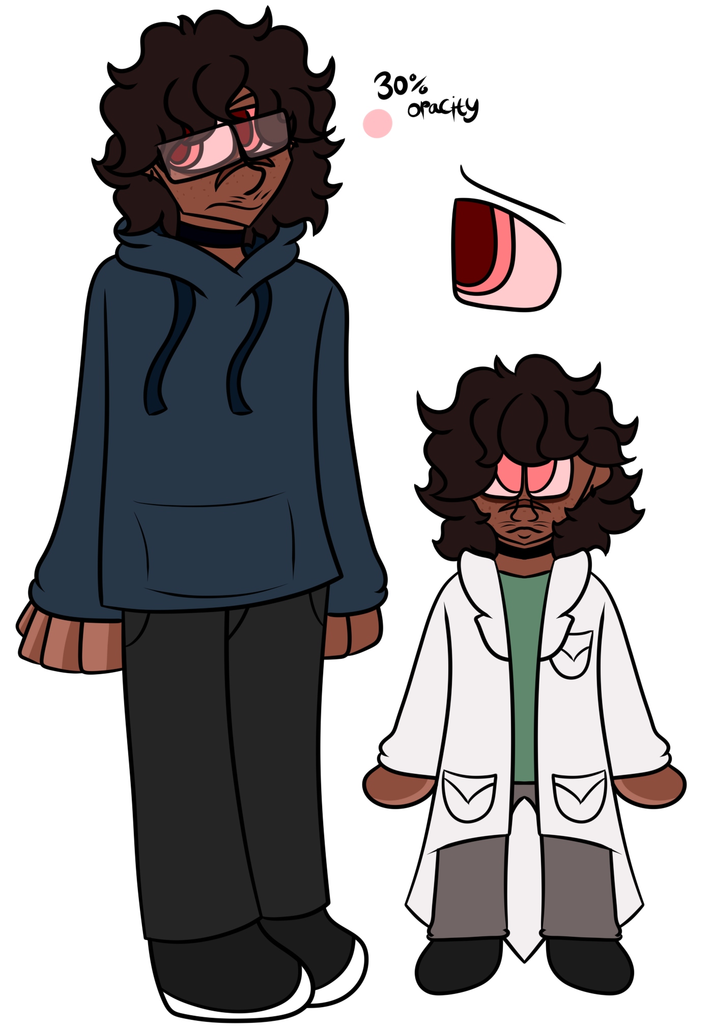 Reference of a human male with a blue hoodie and a chibi reference wearing a doctor's outfit.