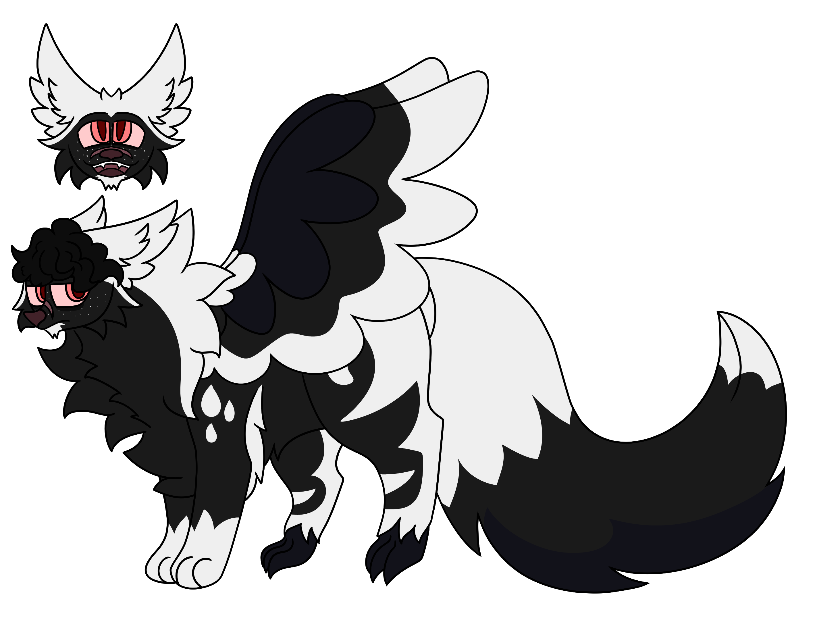Feral version of the same character, a feral wolf with magpie colors and wings
