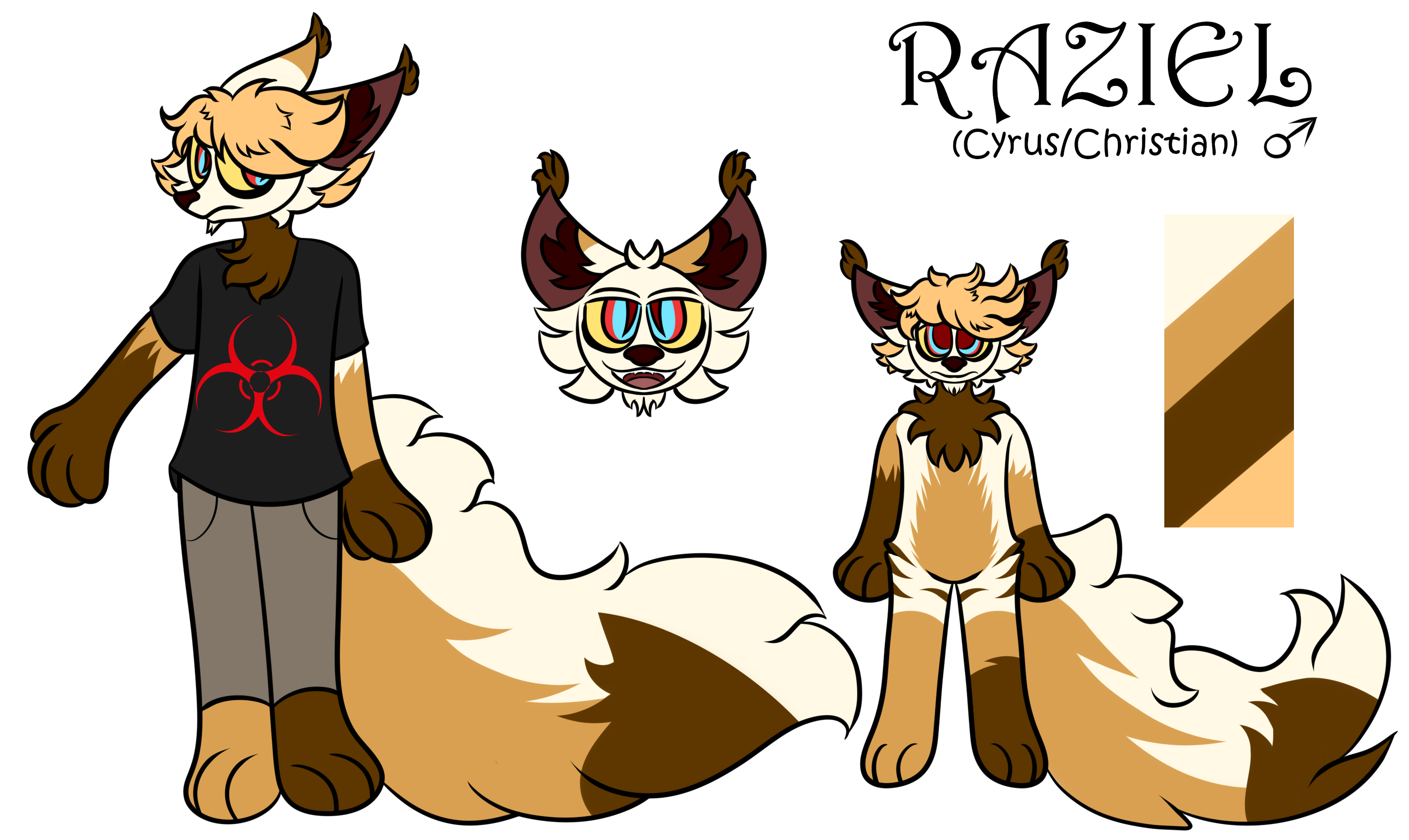 An anthro wolf, white fur with golden and brown markings, blonde hair. Black t shirt and 2000s based simple outfit.
